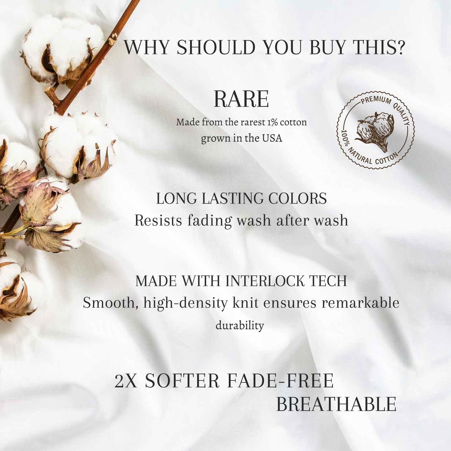 Supima cotton fabric benefits infographic highlighting its rarity, American origin, authenticity, and superior softness, durability, and long-lasting color.