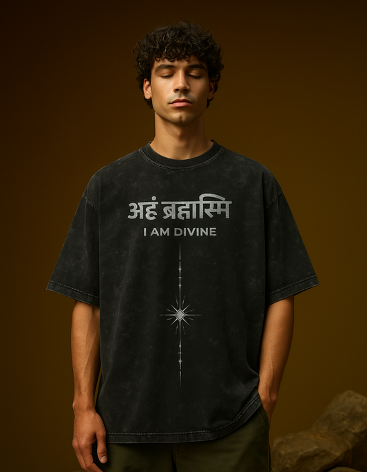 Front design of the Aham Brahmasmi Oversized T-Shirt with Sanskrit mantra "अहं ब्रह्मास्मि" and cosmic spine symbol.