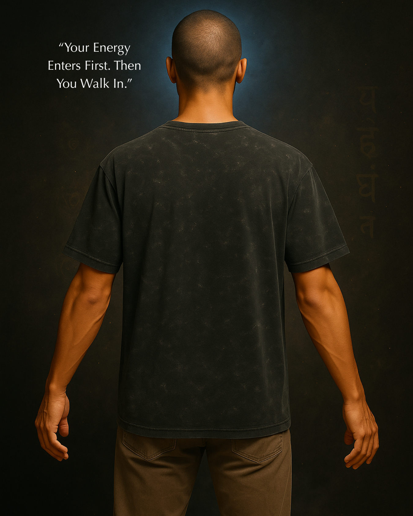 Back profile of black GodHit oversized tee – silent strength design