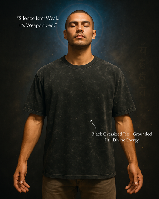 Front view of men’s black spiritual tee – calm & powerful aura pose