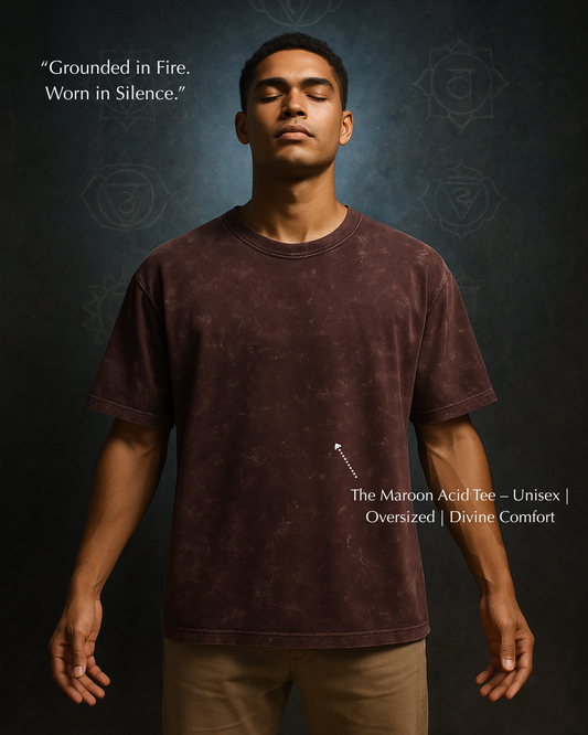 Unisex maroon oversized T-shirt styled in serene, powerful pose – premium acid wash finish