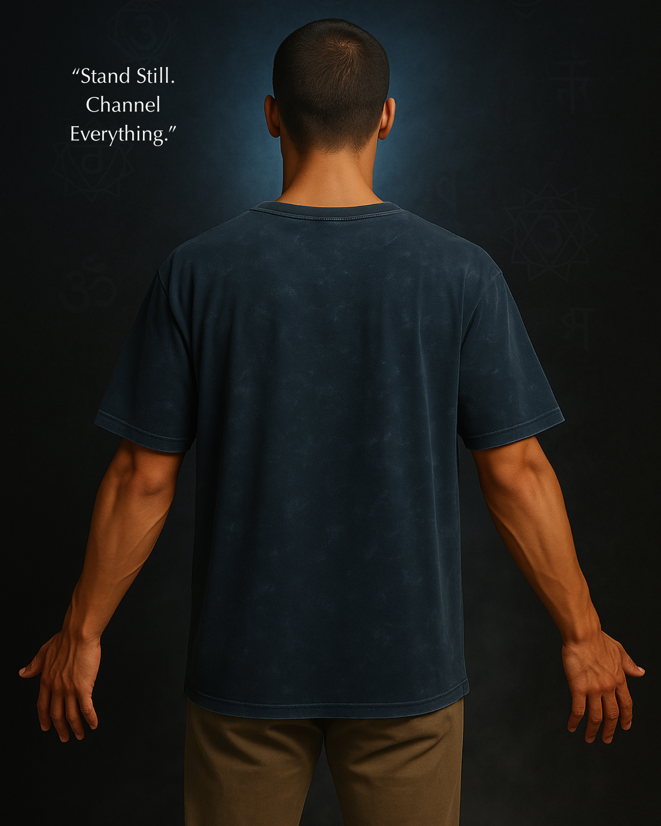Back view of navy blue GodHit tee – grounded silhouette & cosmic vibe