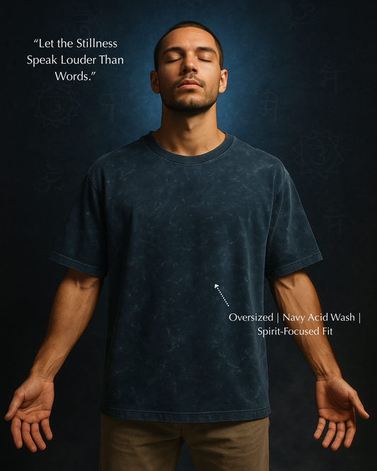 Men’s navy oversized tee – third-eye focus with cosmic background