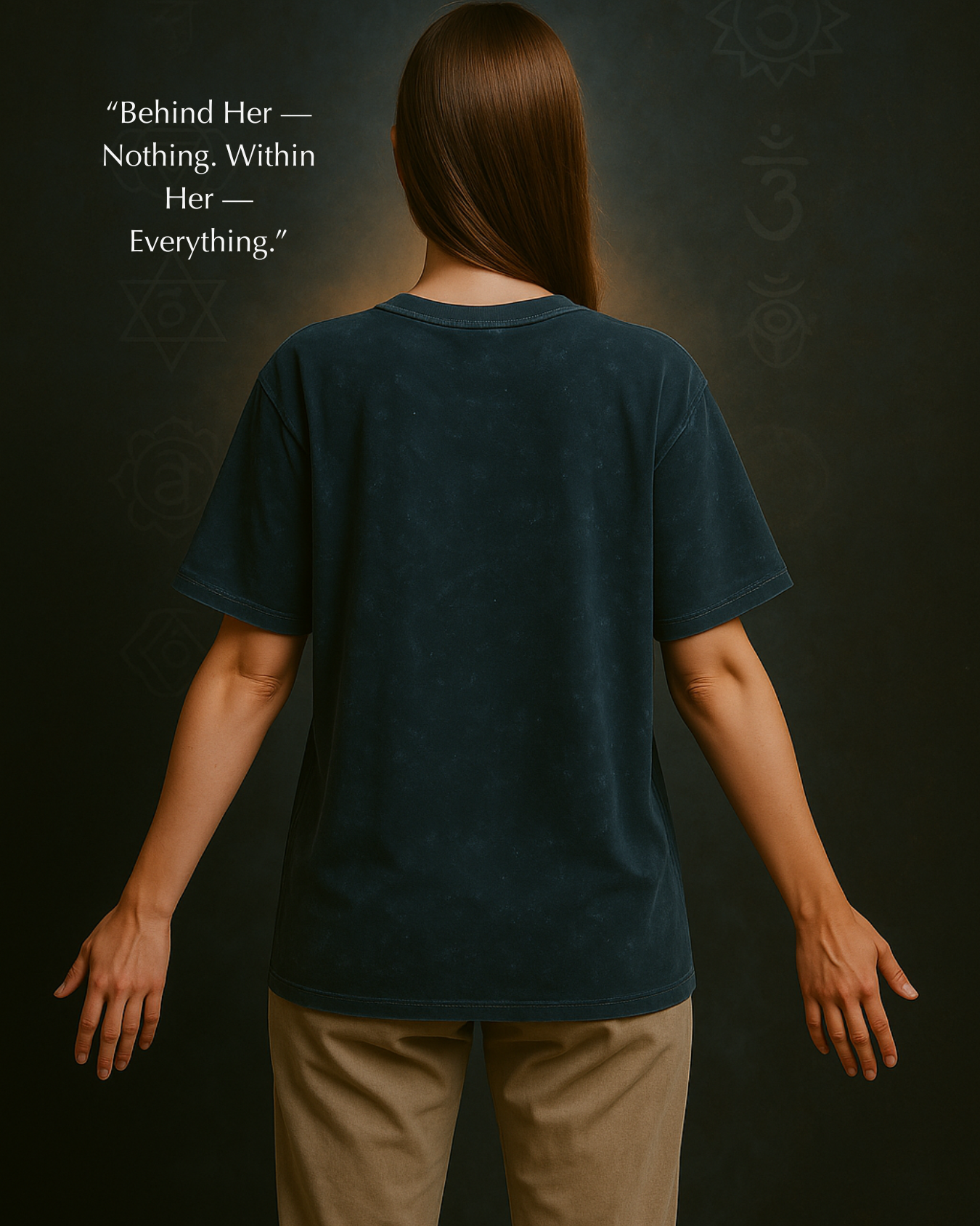 Back look of navy spiritual tee by GodHit – acid texture & energy presence