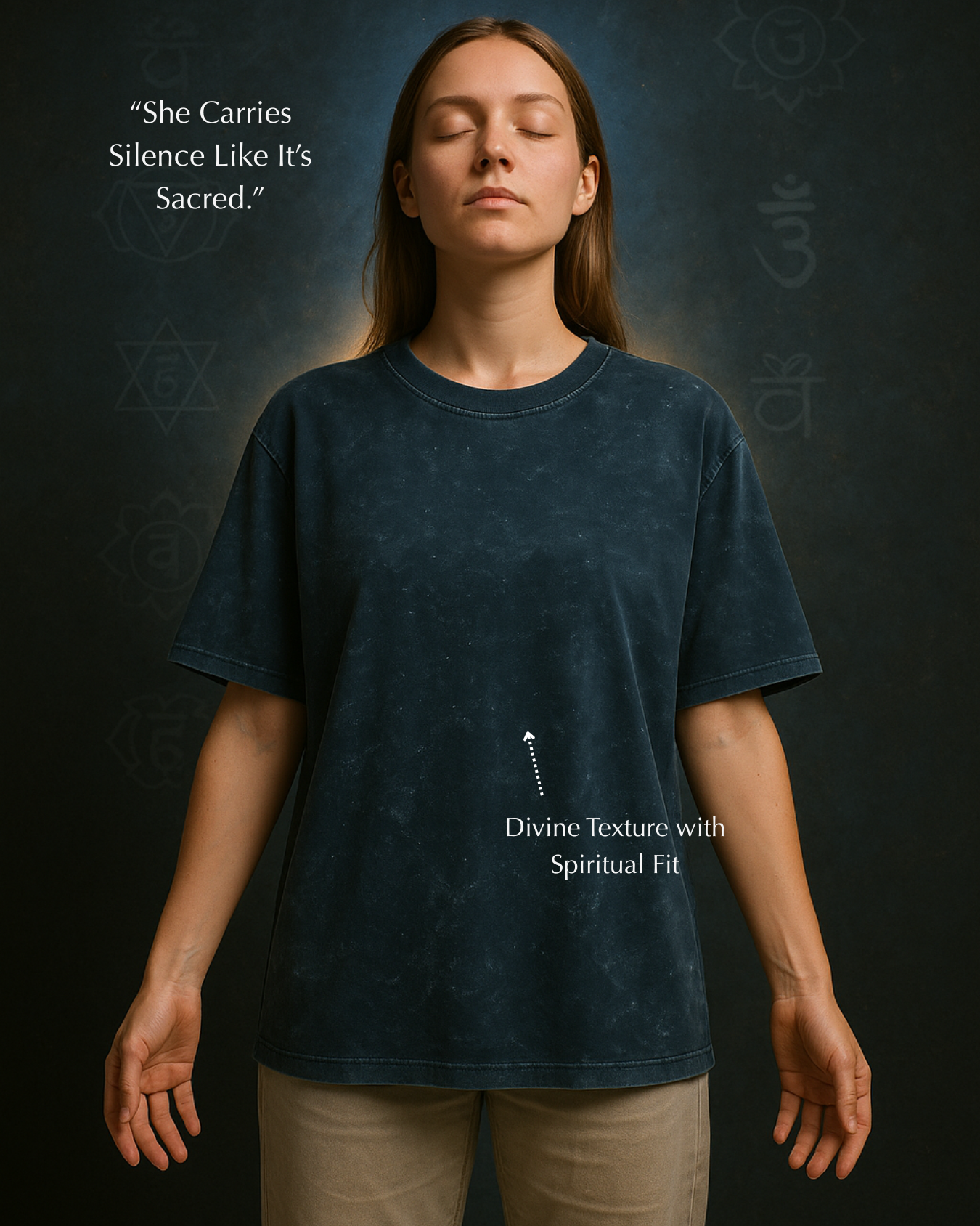 Women’s oversized navy T-shirt – divine pose, chakra-aligned backdrop