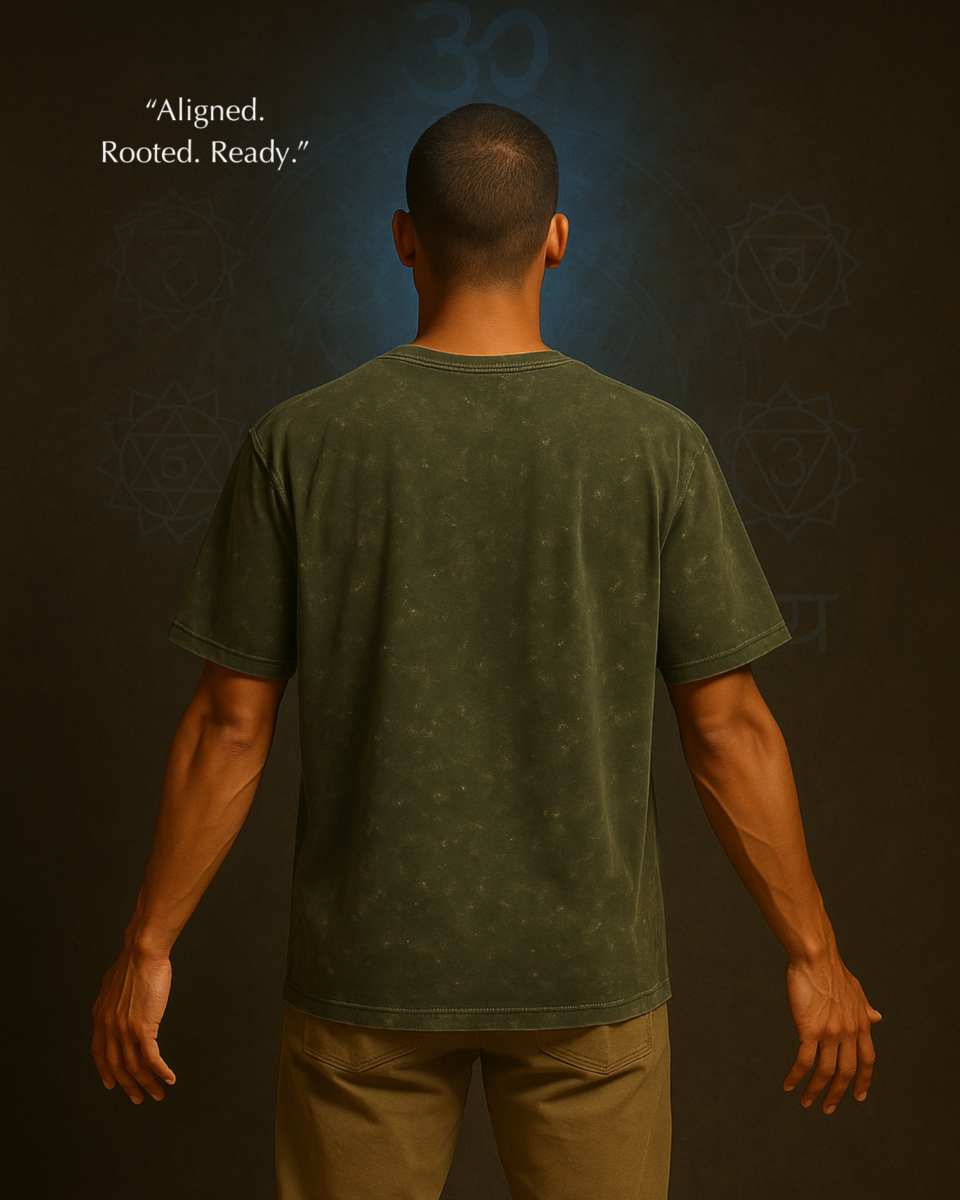 Back view of olive oversized T-shirt – divine fit & raw energy
