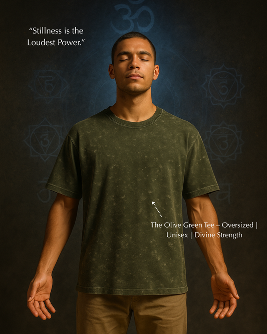 Men’s olive acid wash tee in energy alignment pose – rooted & serene
