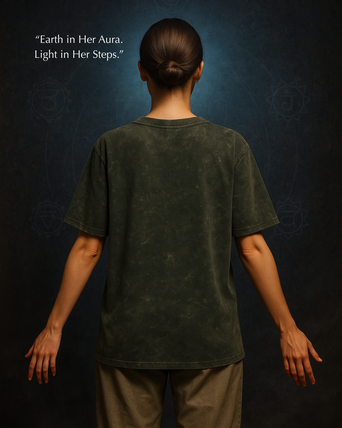 Rear view of olive GodHit tee – minimalist sacred fashion