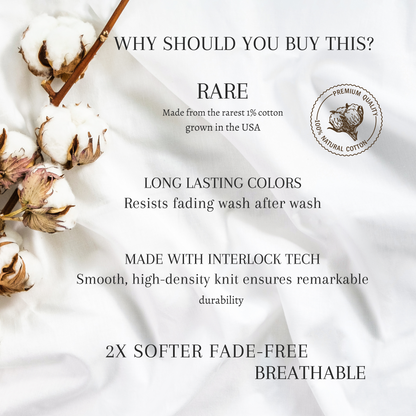 Supima cotton fabric benefits infographic highlighting its rarity, American origin, authenticity, and superior softness, durability, and long-lasting color.