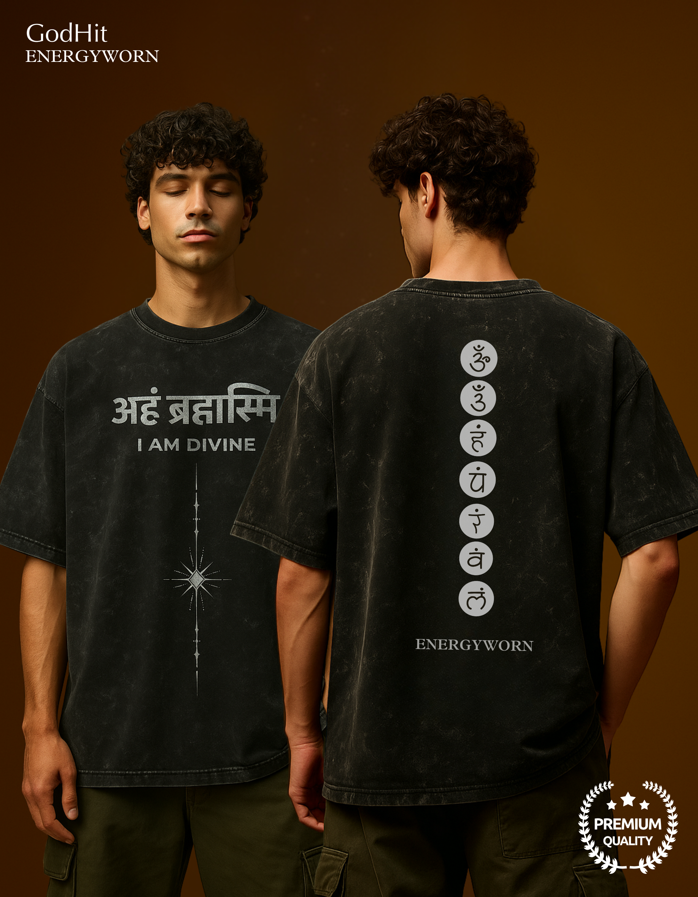Front and back model view of the Aham Brahmasmi Acid Tee showing divine and chakra print in oversized fit from ENERGYWORN.
