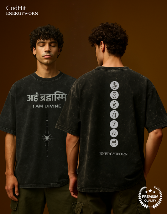 Front and back model view of the Aham Brahmasmi Acid Tee showing divine and chakra print in oversized fit from ENERGYWORN.