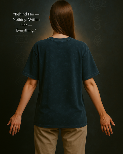 Back look of navy spiritual tee by GodHit – acid texture & energy presence