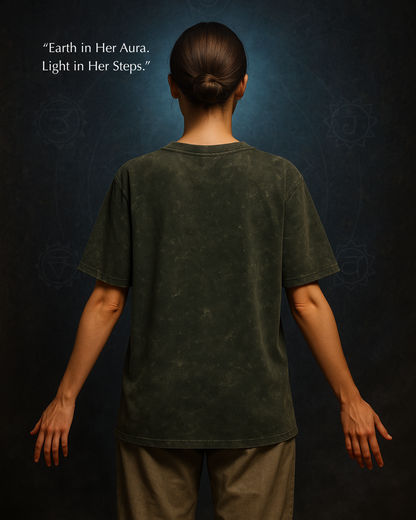 Rear view of olive GodHit tee – minimalist sacred fashion